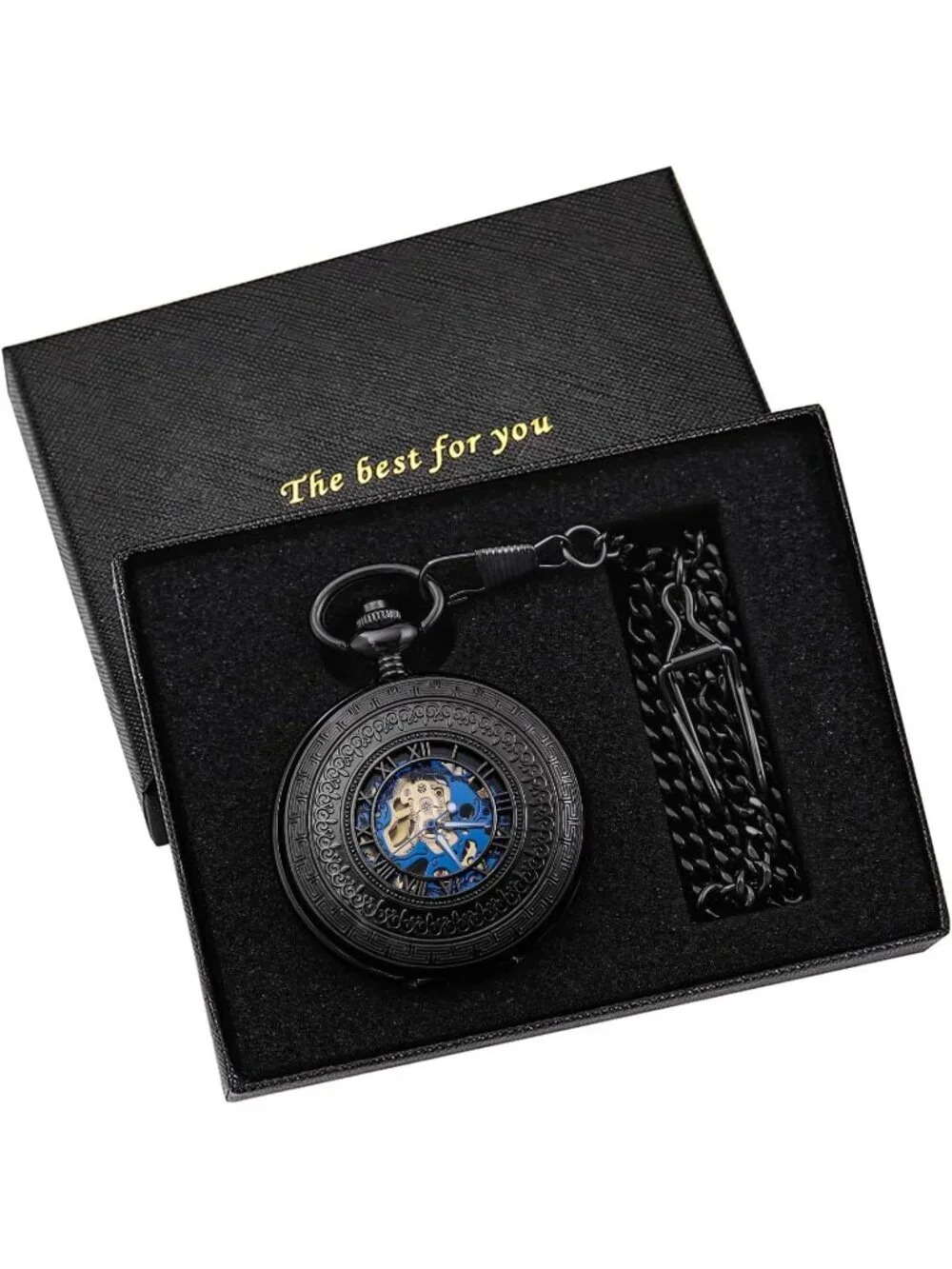 Men's Black Vintage Style Hollow-Out Round Gear Arabic Mechanical Pocket Watch